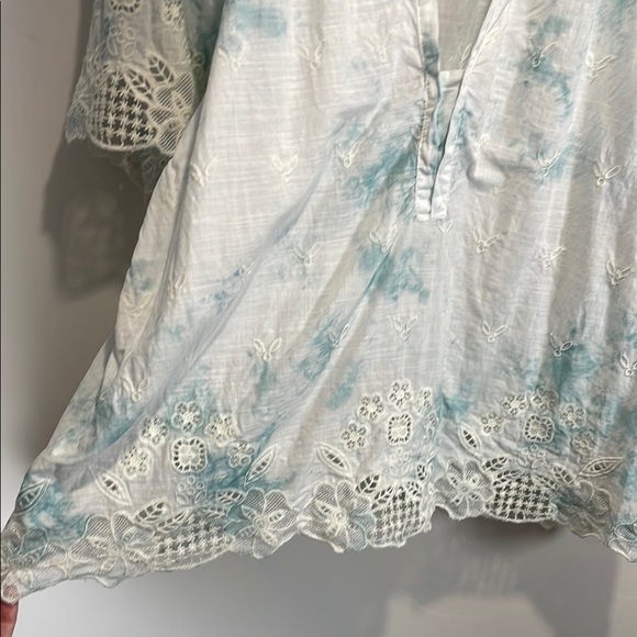 Anthropologie Tie Die Blue and White Flutter Embroidered Sleeve Blouse - Picture 6 of 12